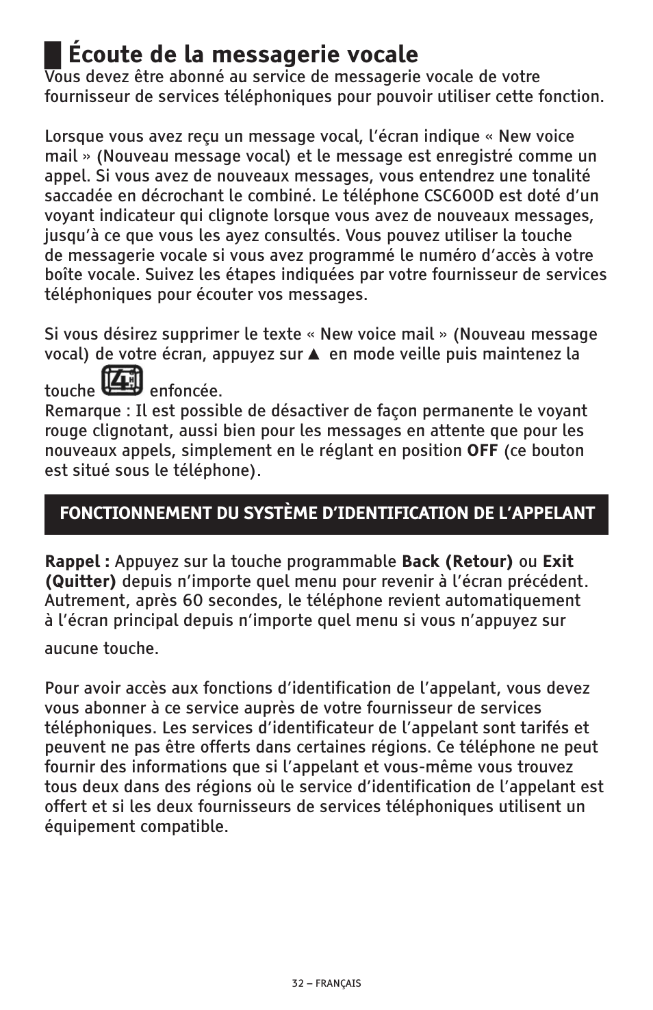 Écoute de la messagerie vocale | ClearSounds AMPLIFIED FREEDOM PHONE CSC600D User Manual | Page 124 / 138