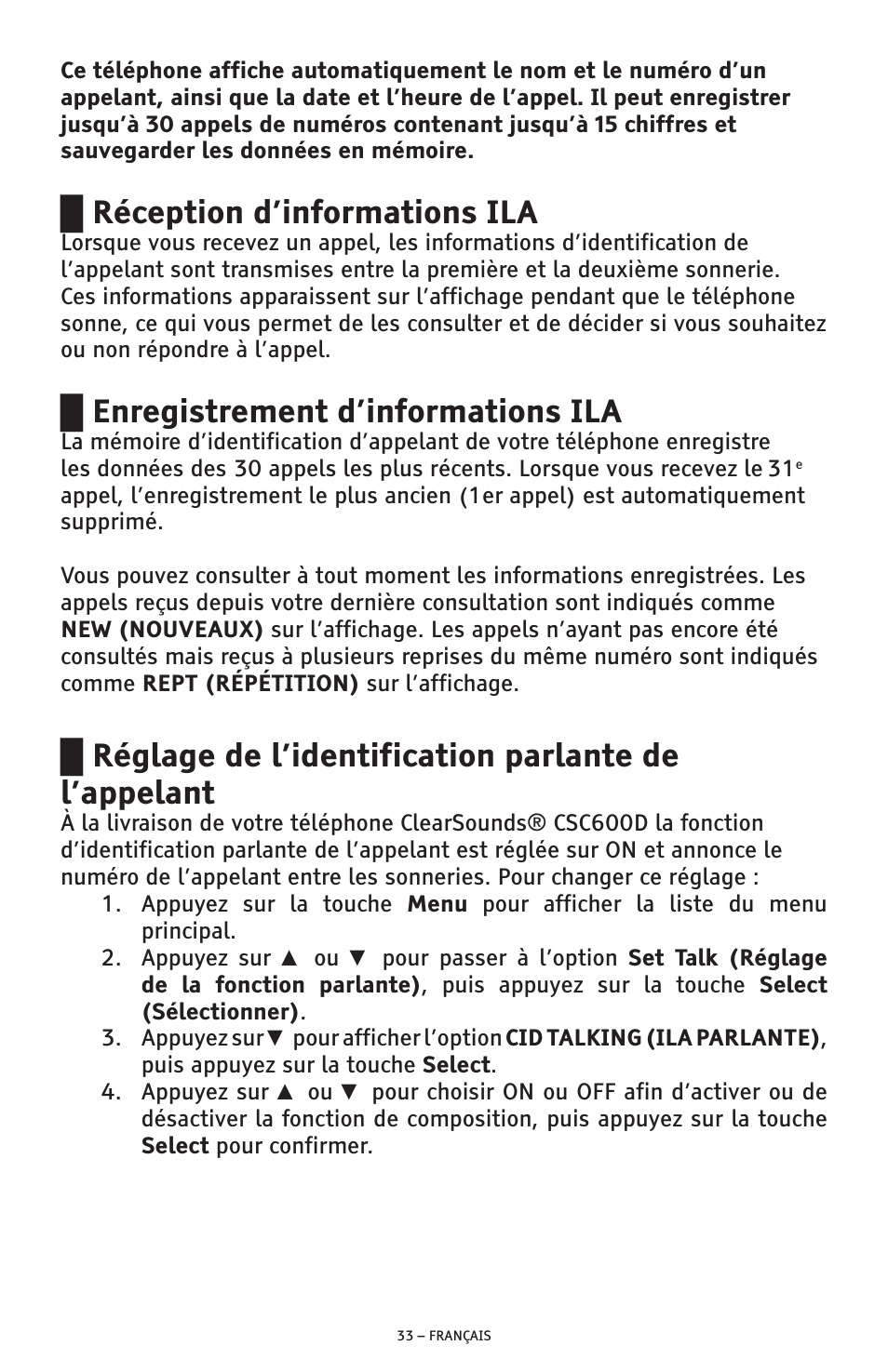 Réception d’informations ila, Enregistrement d’informations ila, Réglage de l’identification parlante de l’appelant | ClearSounds AMPLIFIED FREEDOM PHONE CSC600D User Manual | Page 125 / 138