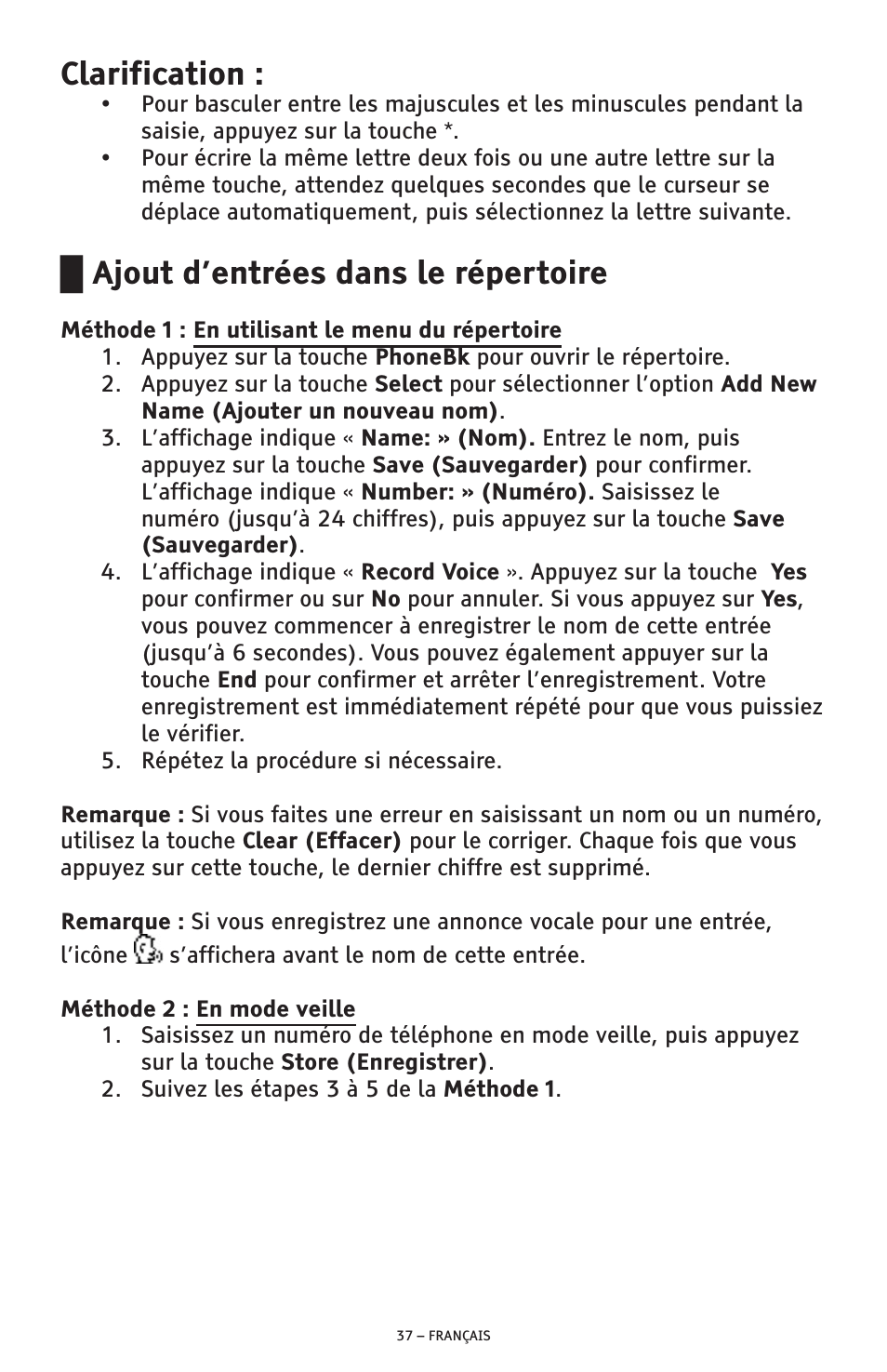 Clarification, Ajout d’entrées dans le répertoire | ClearSounds AMPLIFIED FREEDOM PHONE CSC600D User Manual | Page 129 / 138