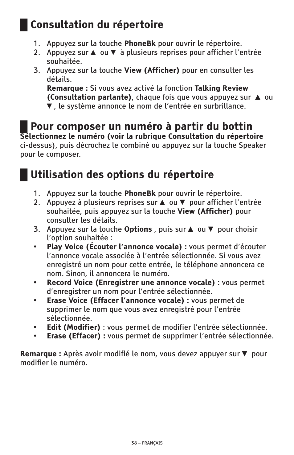 Consultation du répertoire, Pour composer un numéro à partir du bottin, Utilisation des options du répertoire | ClearSounds AMPLIFIED FREEDOM PHONE CSC600D User Manual | Page 130 / 138