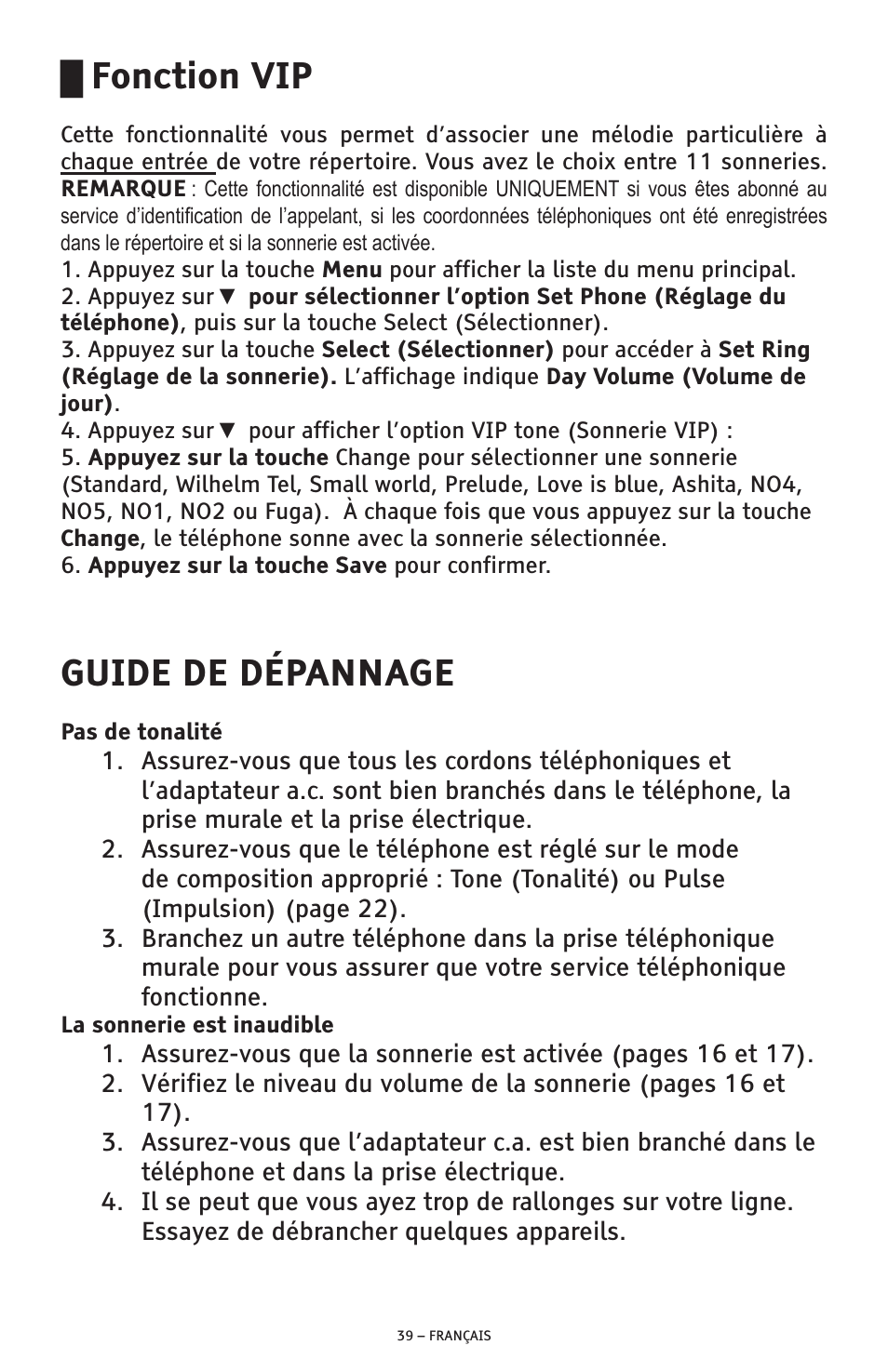 Fonction vip, Guide de dépannage | ClearSounds AMPLIFIED FREEDOM PHONE CSC600D User Manual | Page 131 / 138