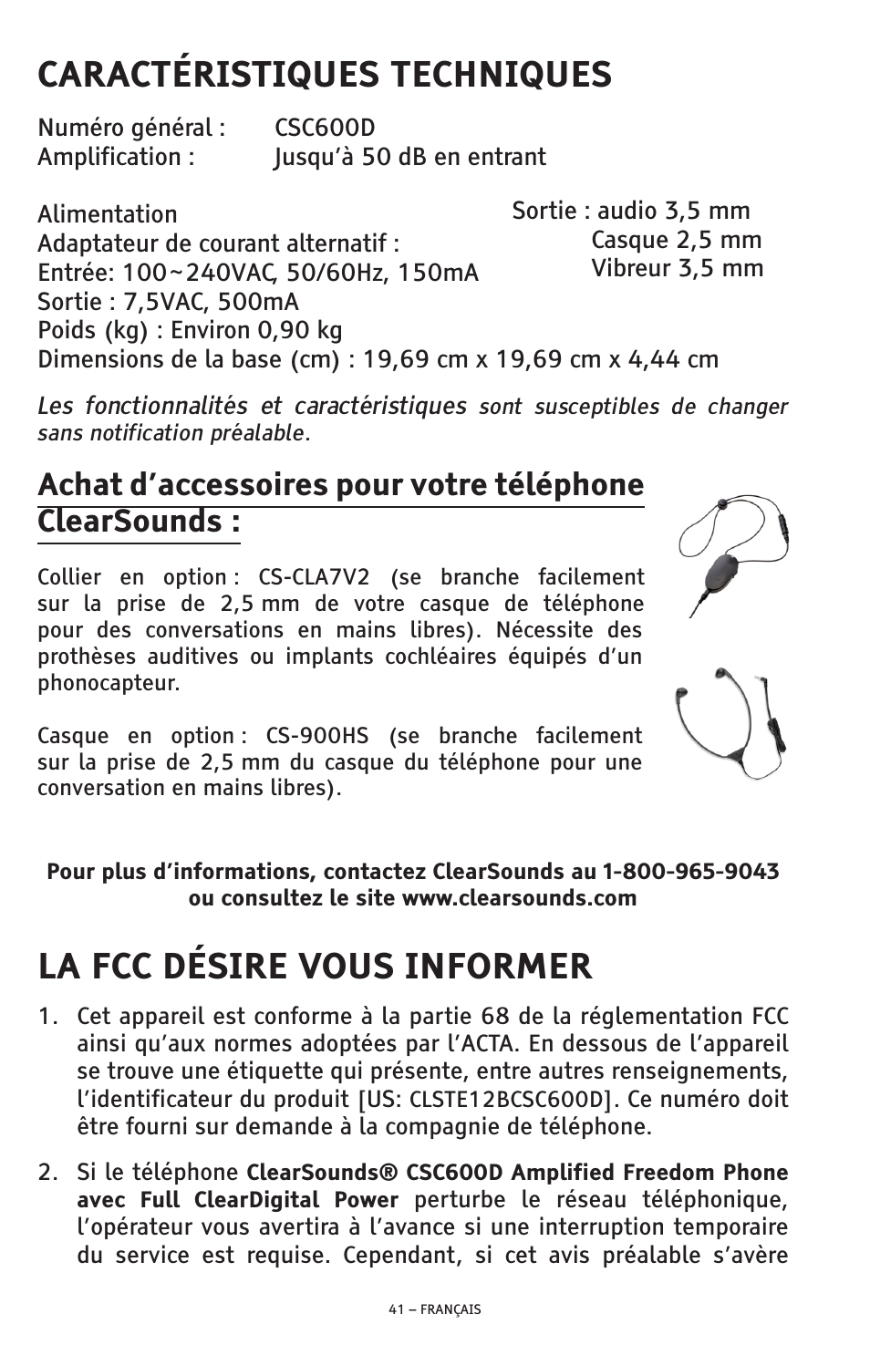 Caractéristiques techniques, La fcc désire vous informer | ClearSounds AMPLIFIED FREEDOM PHONE CSC600D User Manual | Page 133 / 138