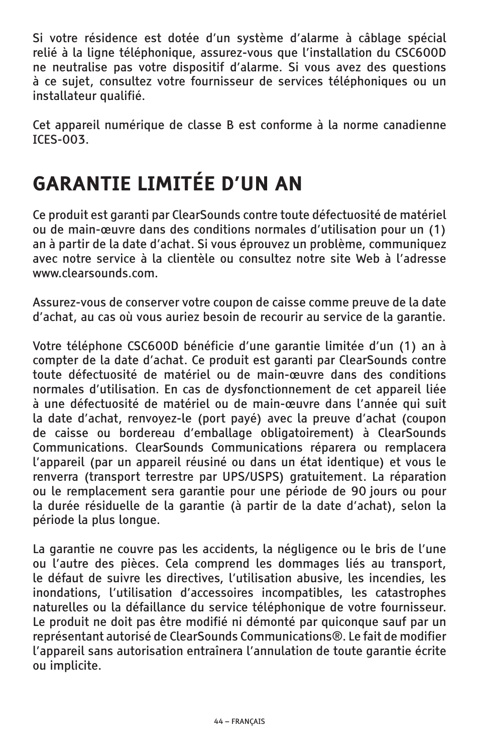 Garantie limitée d’un an | ClearSounds AMPLIFIED FREEDOM PHONE CSC600D User Manual | Page 136 / 138