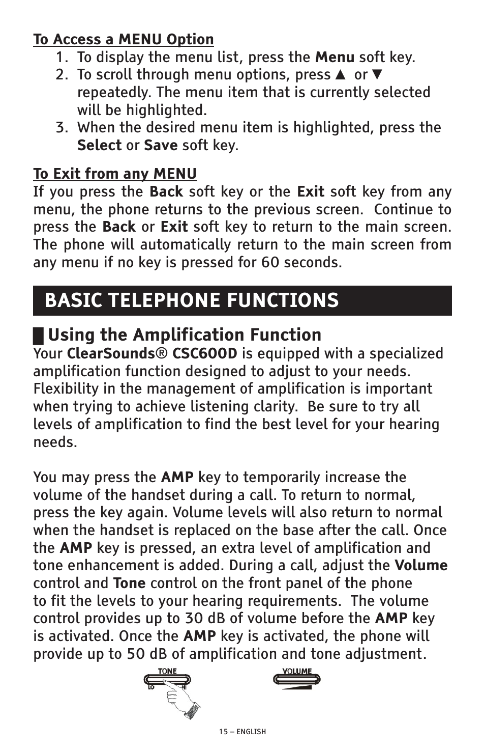 Basic telephone functions, Using the amplification function | ClearSounds AMPLIFIED FREEDOM PHONE CSC600D User Manual | Page 15 / 138
