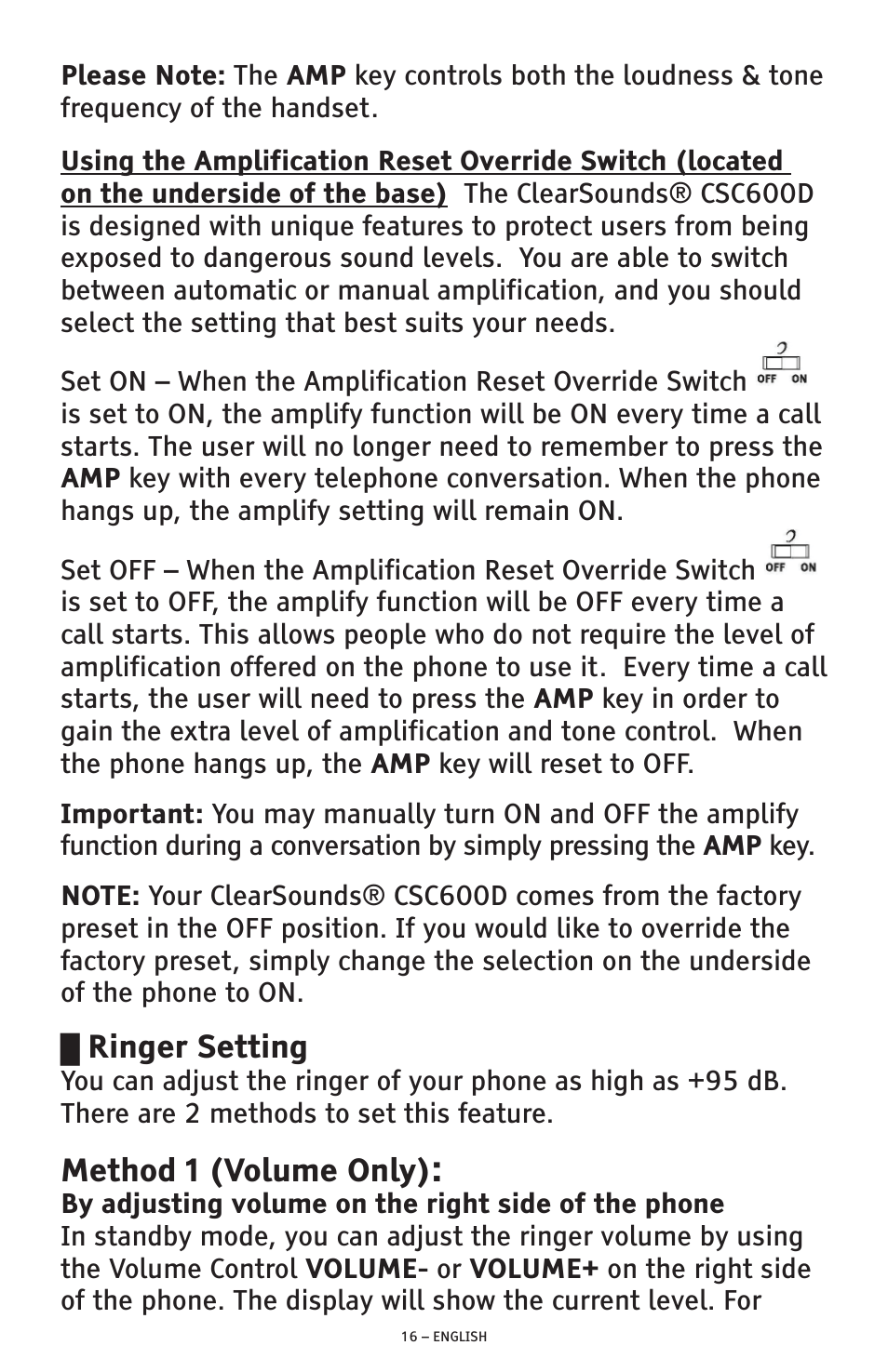 Ringer setting, Method 1 (volume only) | ClearSounds AMPLIFIED FREEDOM PHONE CSC600D User Manual | Page 16 / 138