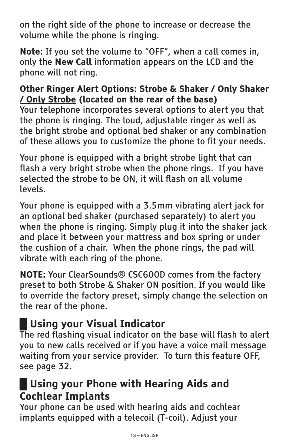 Using your visual indicator | ClearSounds AMPLIFIED FREEDOM PHONE CSC600D User Manual | Page 18 / 138