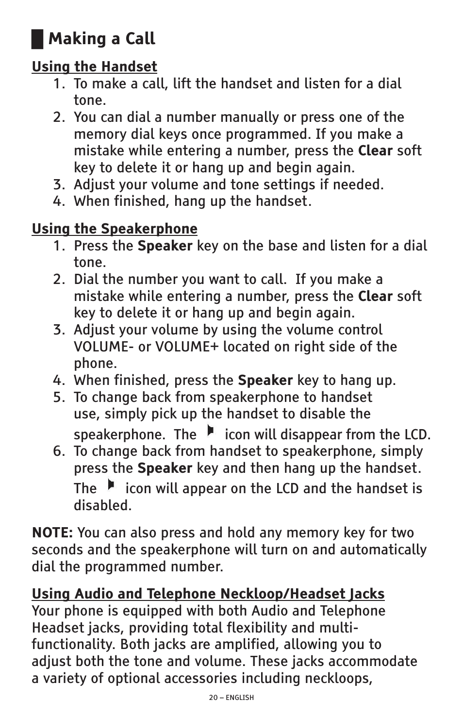 Making a call | ClearSounds AMPLIFIED FREEDOM PHONE CSC600D User Manual | Page 20 / 138