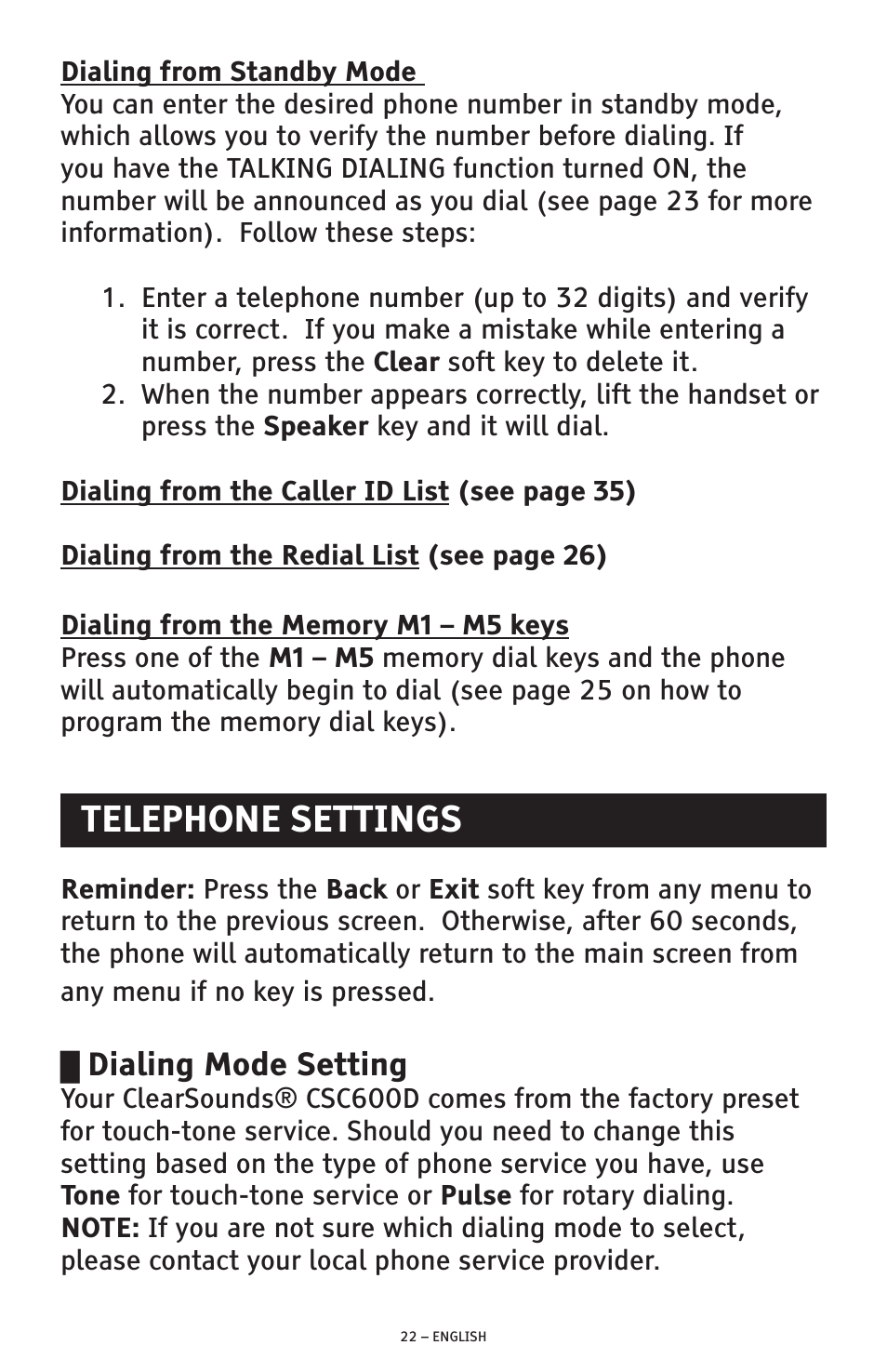 Telephone settings, Dialing mode setting | ClearSounds AMPLIFIED FREEDOM PHONE CSC600D User Manual | Page 22 / 138