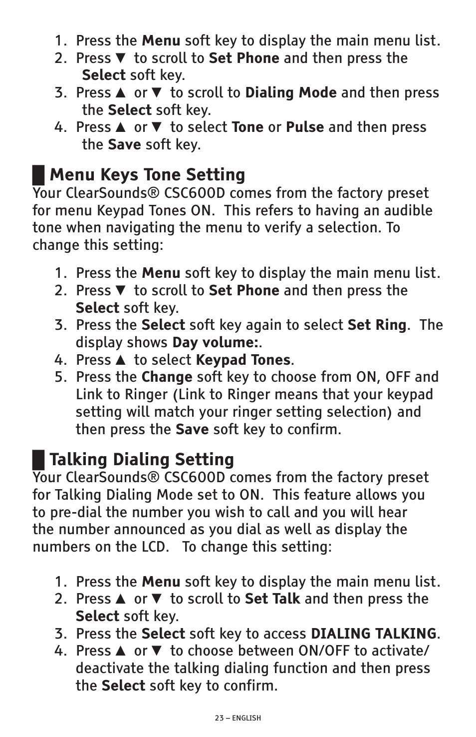 Menu keys tone setting, Talking dialing setting | ClearSounds AMPLIFIED FREEDOM PHONE CSC600D User Manual | Page 23 / 138