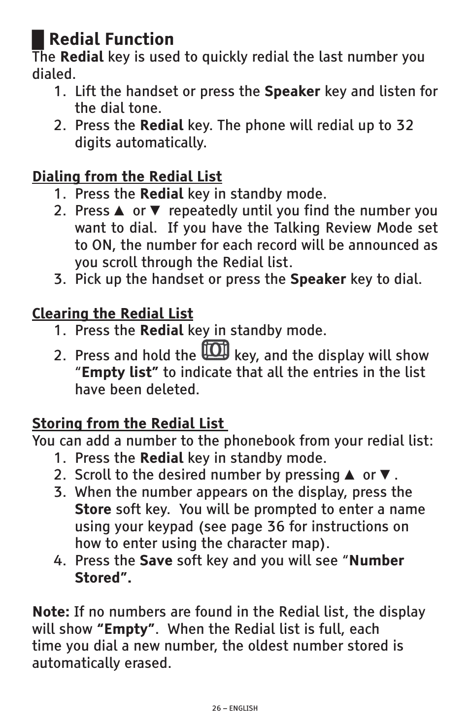 Redial function | ClearSounds AMPLIFIED FREEDOM PHONE CSC600D User Manual | Page 26 / 138