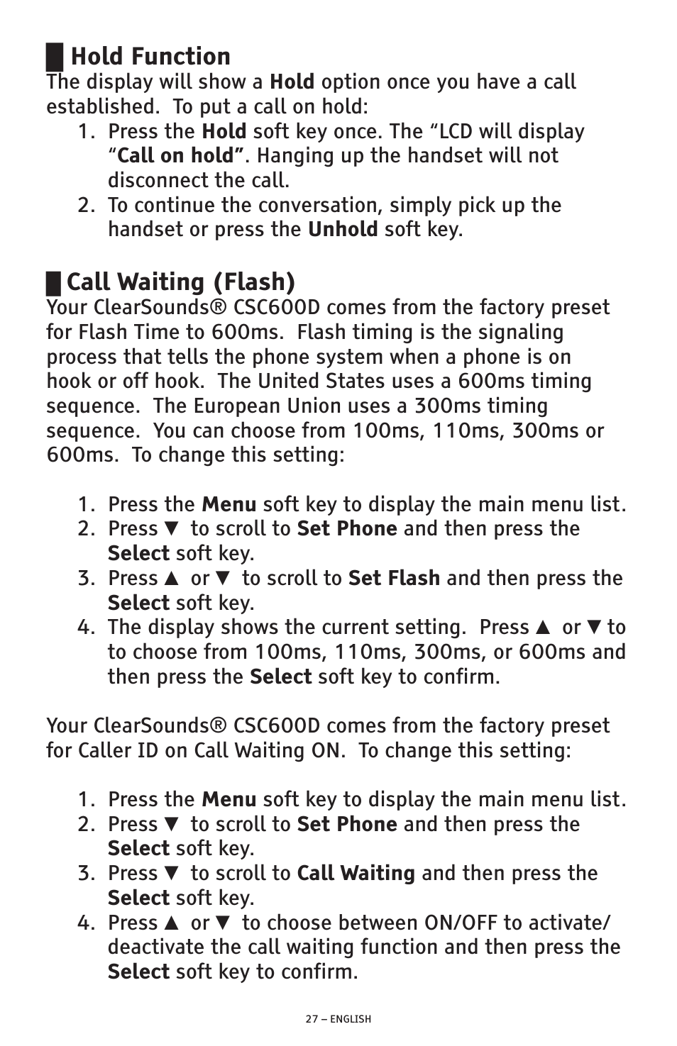 Hold function, Call waiting (flash) | ClearSounds AMPLIFIED FREEDOM PHONE CSC600D User Manual | Page 27 / 138