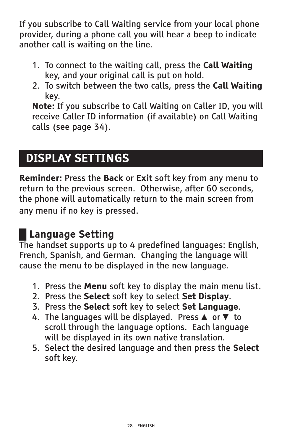 Display settings, Language setting | ClearSounds AMPLIFIED FREEDOM PHONE CSC600D User Manual | Page 28 / 138