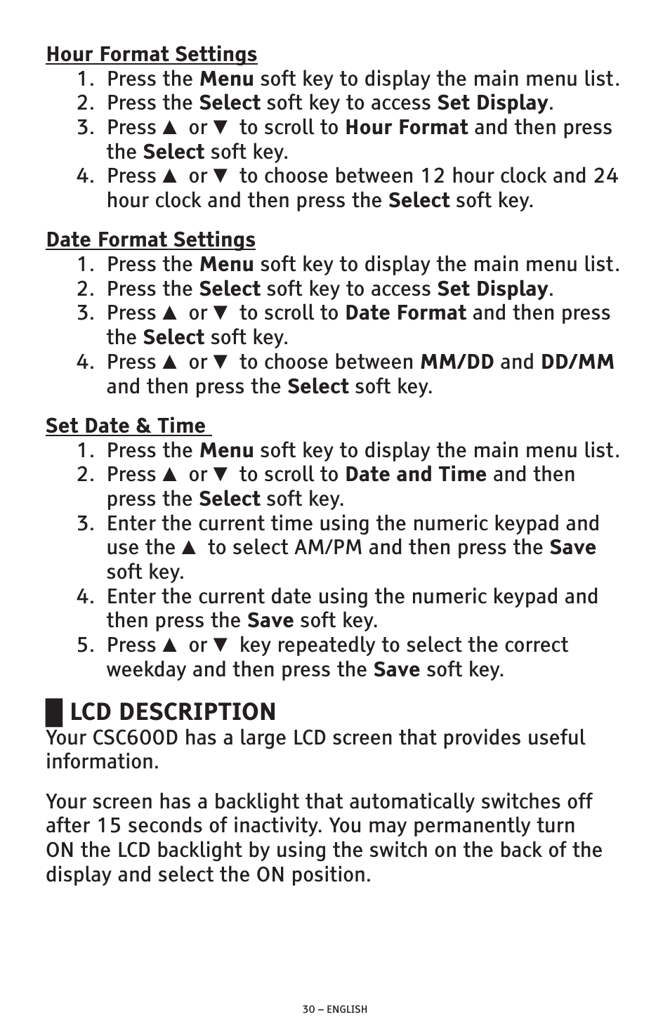Lcd description | ClearSounds AMPLIFIED FREEDOM PHONE CSC600D User Manual | Page 30 / 138