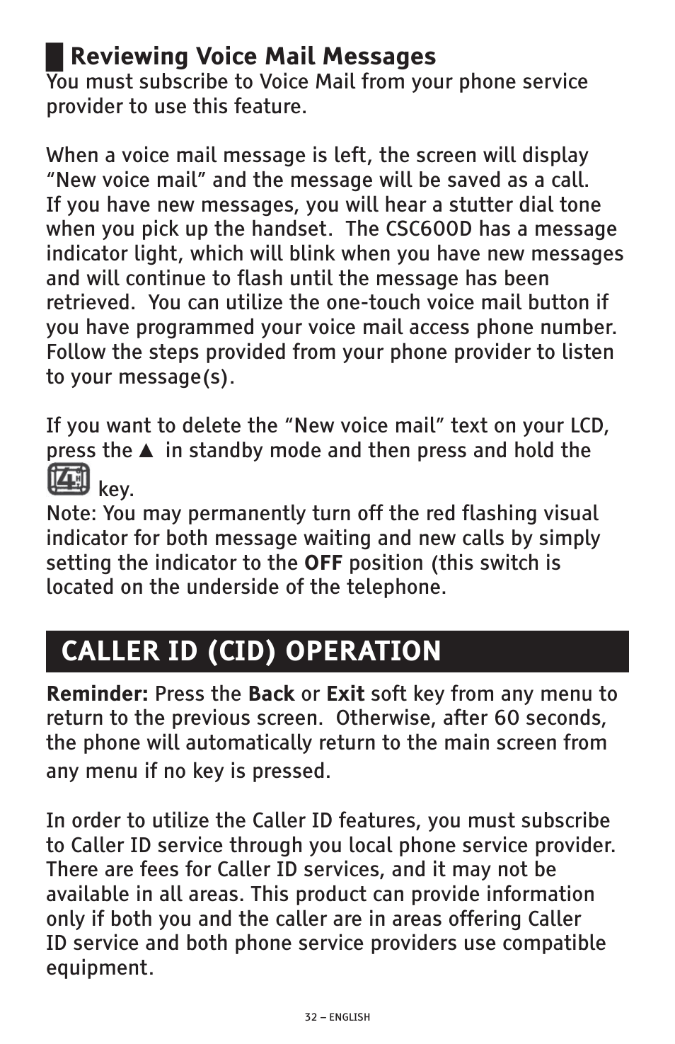 Caller id (cid) operation, Reviewing voice mail messages | ClearSounds AMPLIFIED FREEDOM PHONE CSC600D User Manual | Page 32 / 138