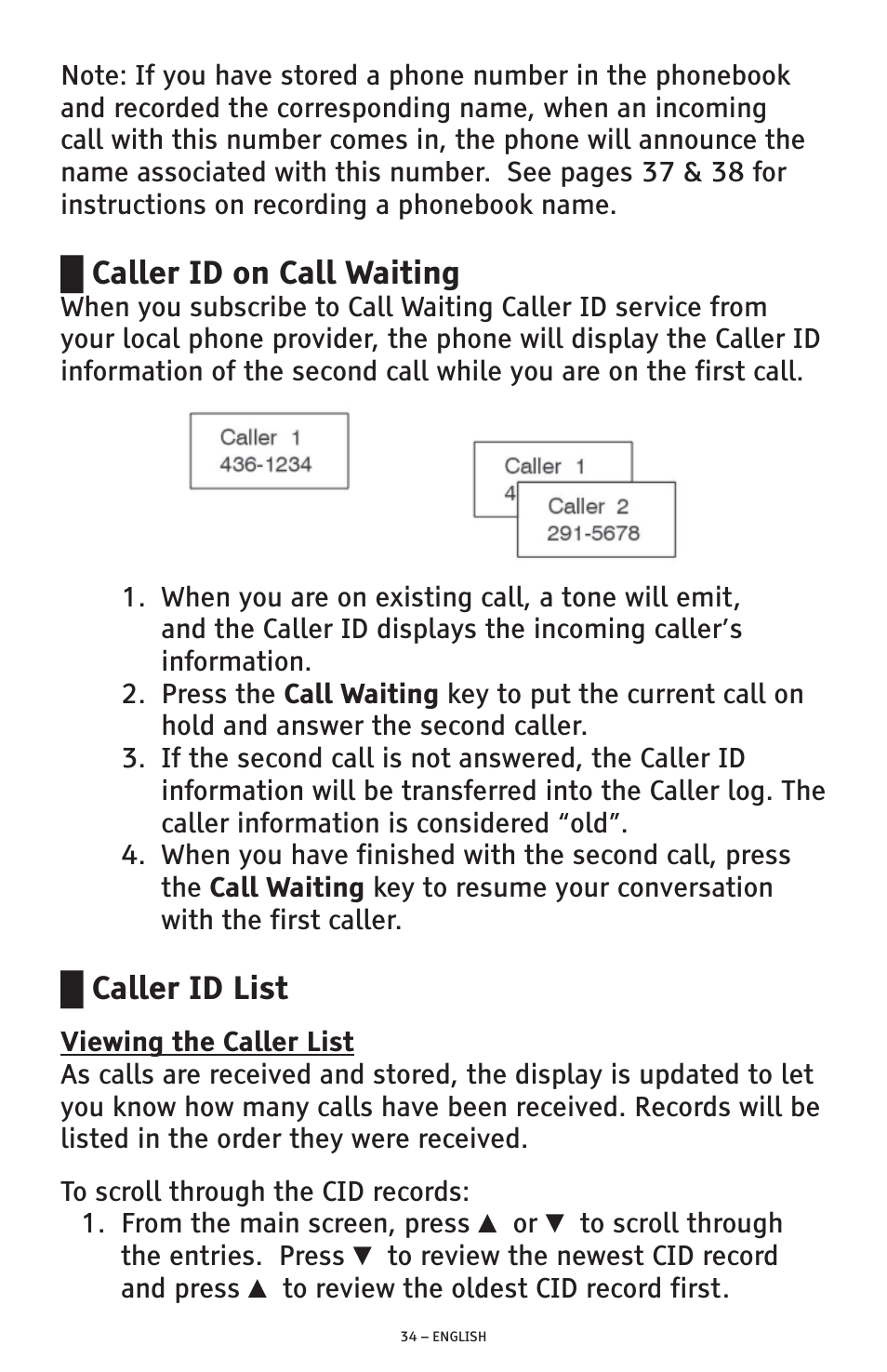 Caller id on call waiting, Caller id list | ClearSounds AMPLIFIED FREEDOM PHONE CSC600D User Manual | Page 34 / 138