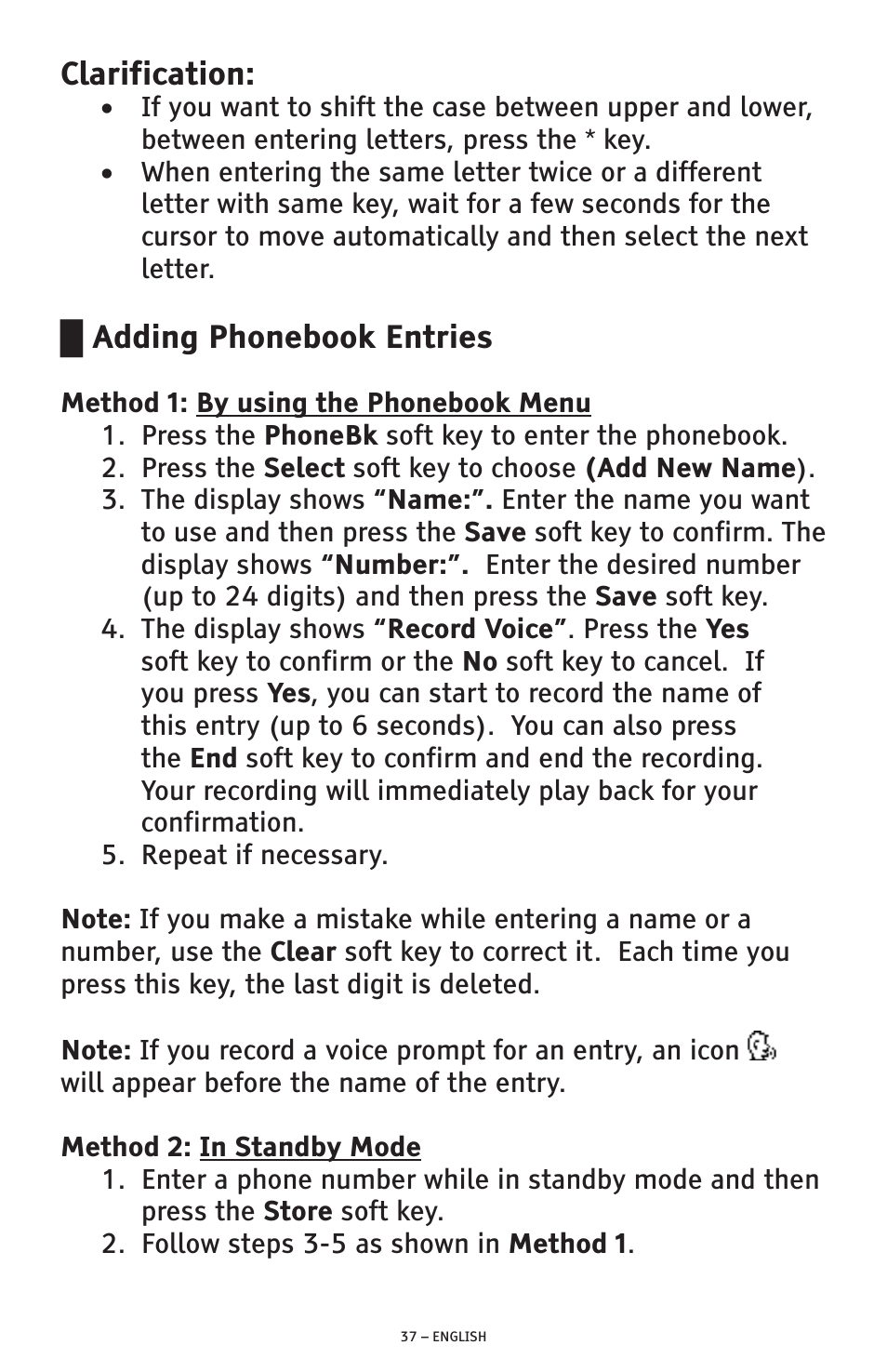 Clarification, Adding phonebook entries | ClearSounds AMPLIFIED FREEDOM PHONE CSC600D User Manual | Page 37 / 138