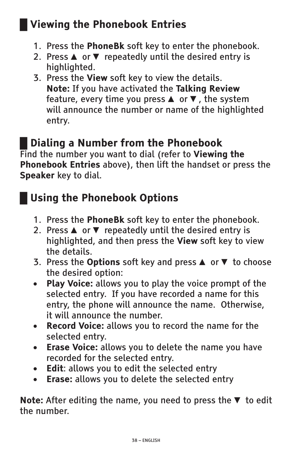 Viewing the phonebook entries, Dialing a number from the phonebook, Using the phonebook options | ClearSounds AMPLIFIED FREEDOM PHONE CSC600D User Manual | Page 38 / 138