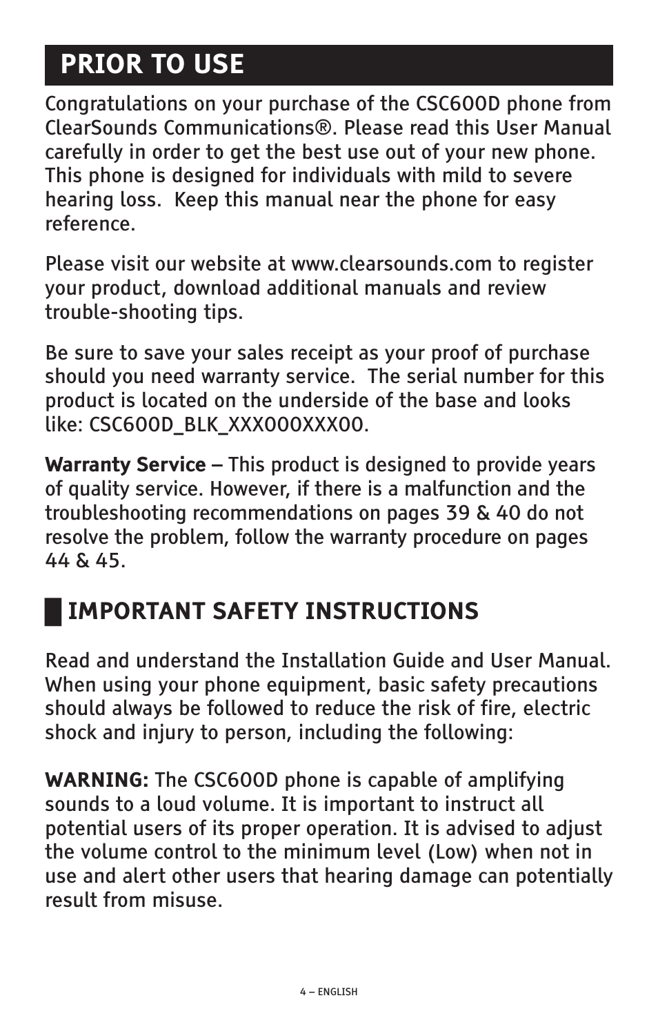 Important safety instructions, Prior to use | ClearSounds AMPLIFIED FREEDOM PHONE CSC600D User Manual | Page 4 / 138