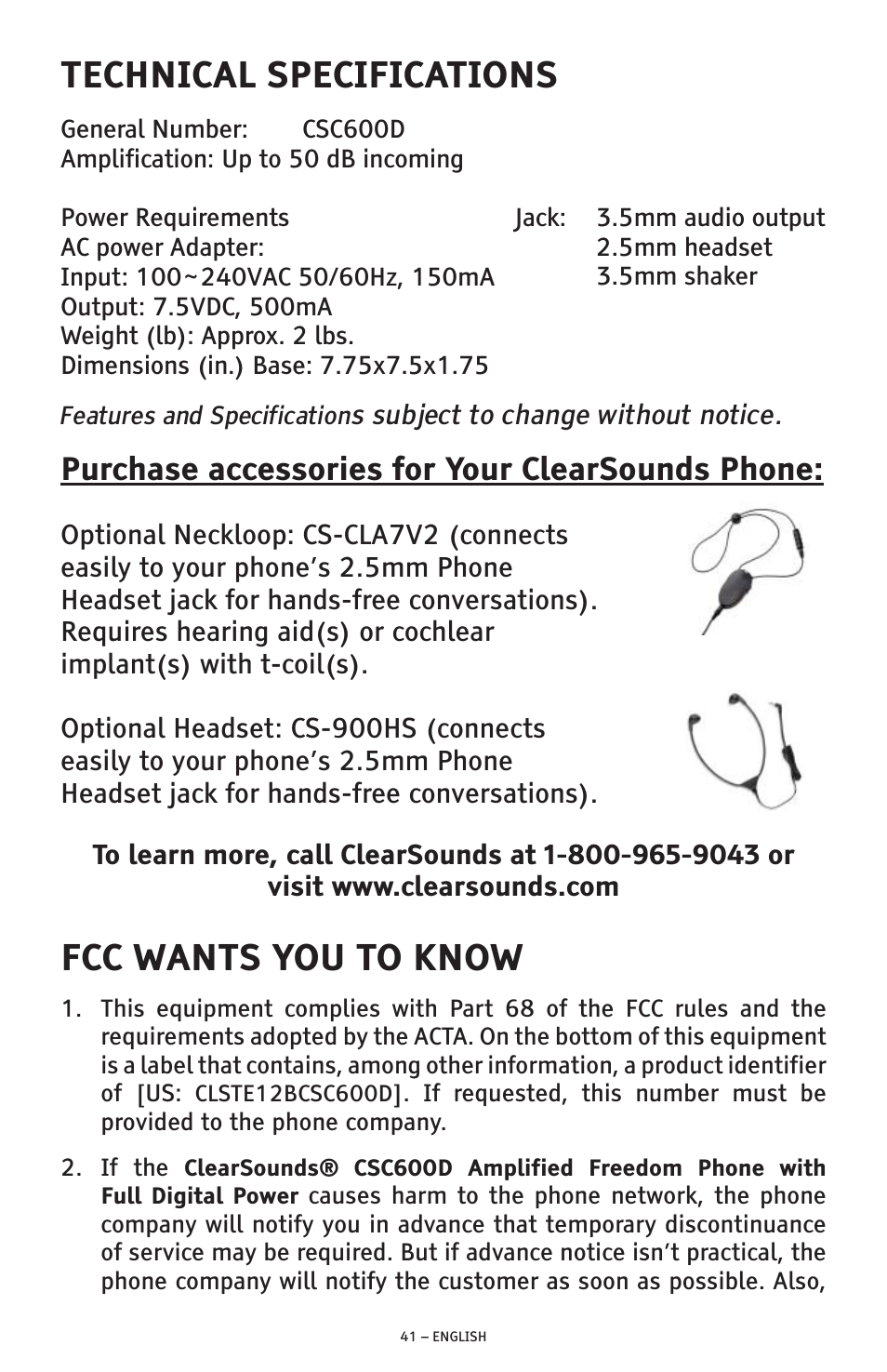 Technical specifications, Fcc wants you to know, Purchase accessories for your clearsounds phone | ClearSounds AMPLIFIED FREEDOM PHONE CSC600D User Manual | Page 41 / 138