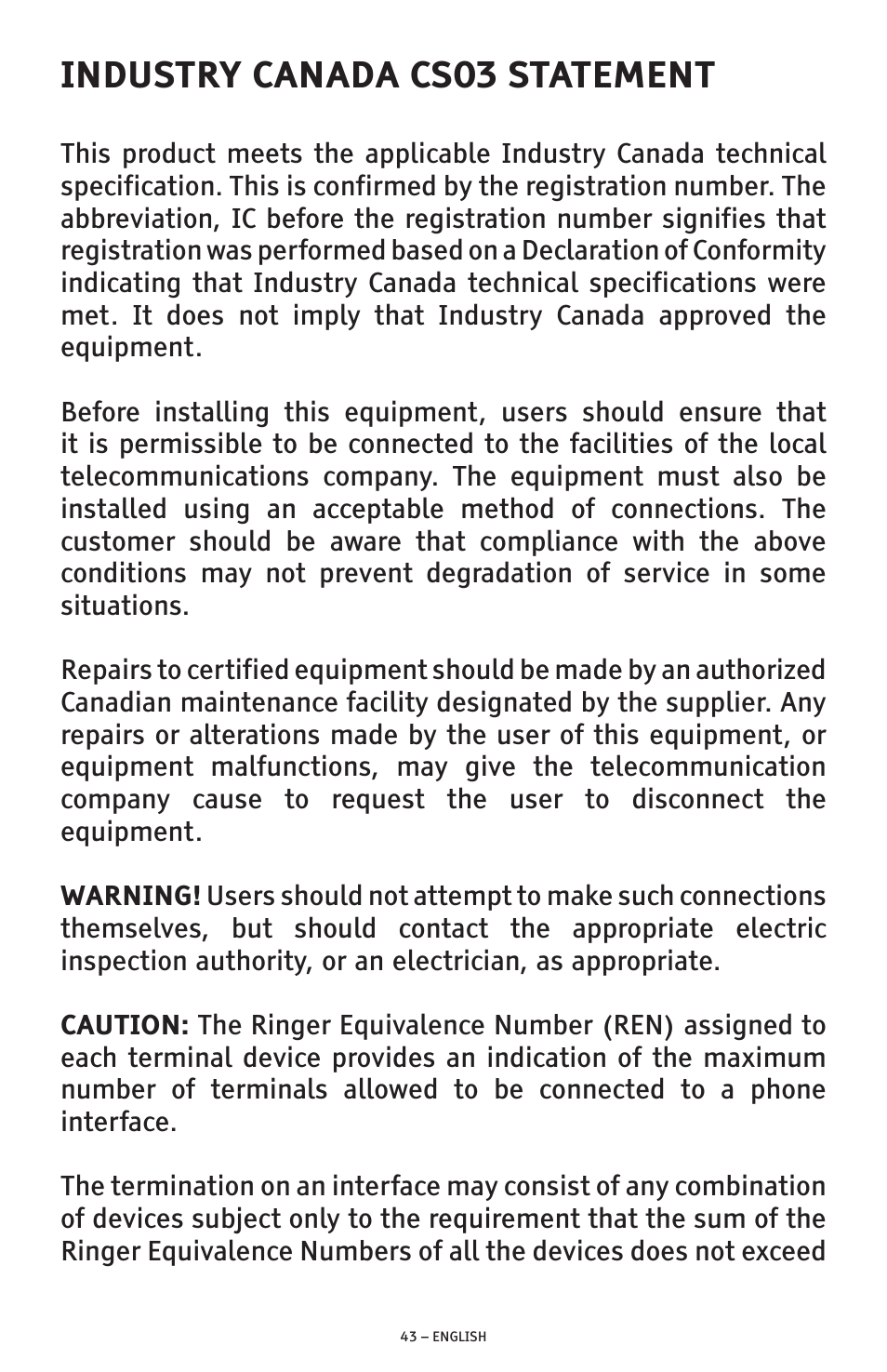 Industry canada cs03 statement | ClearSounds AMPLIFIED FREEDOM PHONE CSC600D User Manual | Page 43 / 138