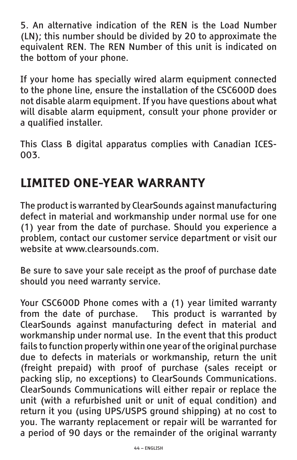 Limited one-year warranty | ClearSounds AMPLIFIED FREEDOM PHONE CSC600D User Manual | Page 44 / 138