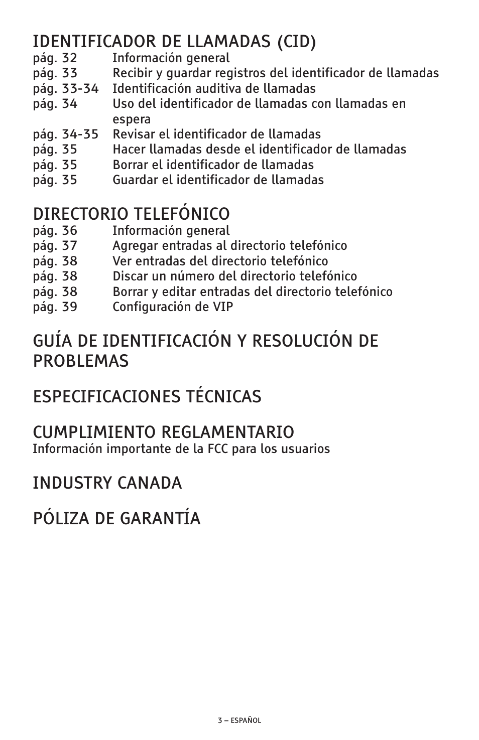 Identificador de llamadas (cid), Directorio telefónico, Industry canada póliza de garantía | ClearSounds AMPLIFIED FREEDOM PHONE CSC600D User Manual | Page 49 / 138