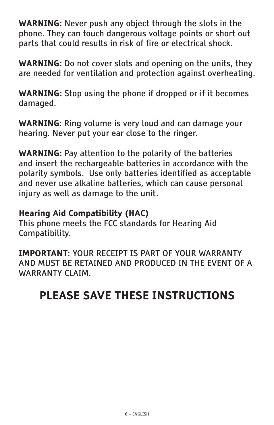 Please save these instructions | ClearSounds AMPLIFIED FREEDOM PHONE CSC600D User Manual | Page 6 / 138
