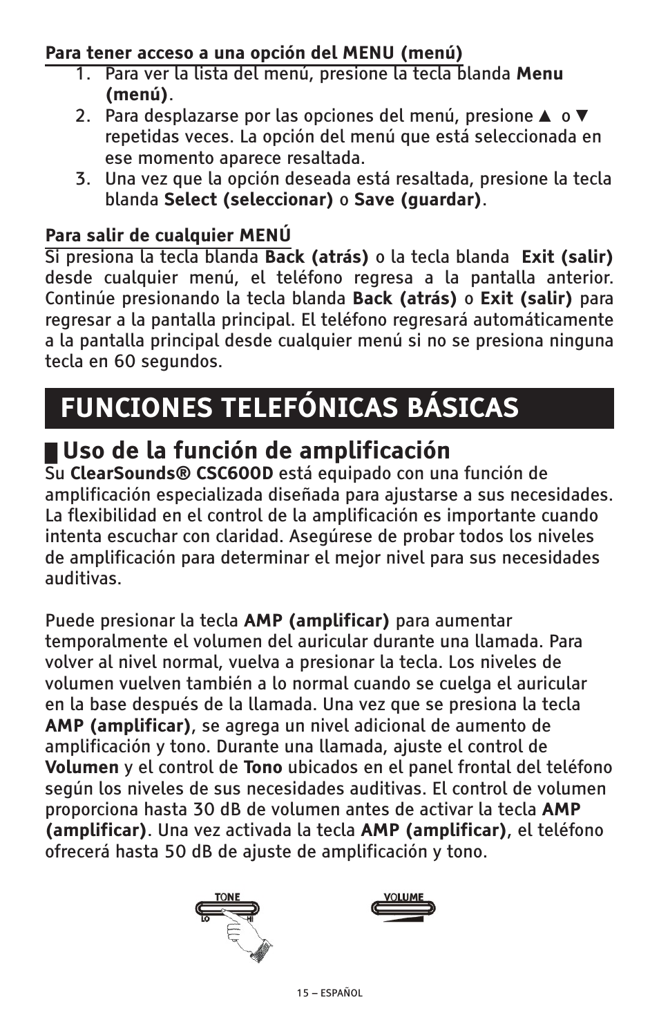 Funciones telefónicas básicas, Uso de la función de amplificación | ClearSounds AMPLIFIED FREEDOM PHONE CSC600D User Manual | Page 61 / 138