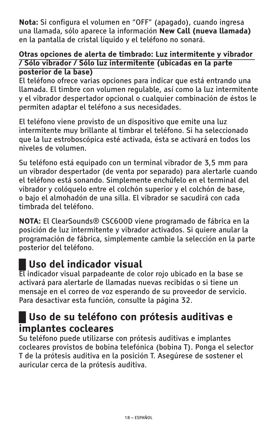 Uso del indicador visual | ClearSounds AMPLIFIED FREEDOM PHONE CSC600D User Manual | Page 64 / 138