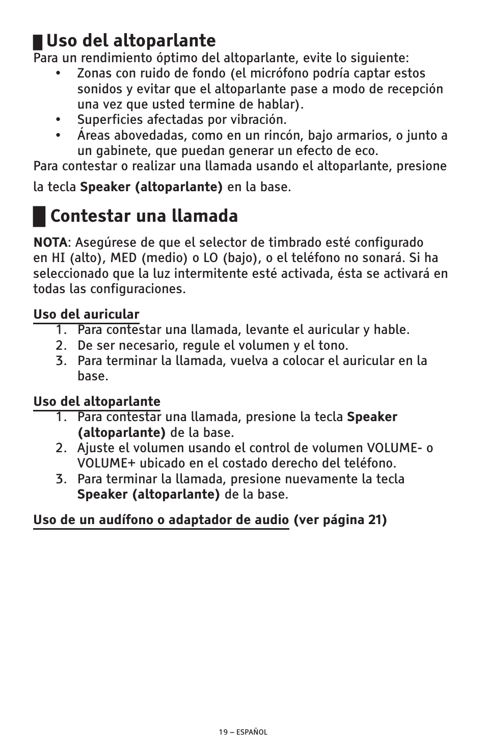 Uso del altoparlante, Contestar una llamada | ClearSounds AMPLIFIED FREEDOM PHONE CSC600D User Manual | Page 65 / 138