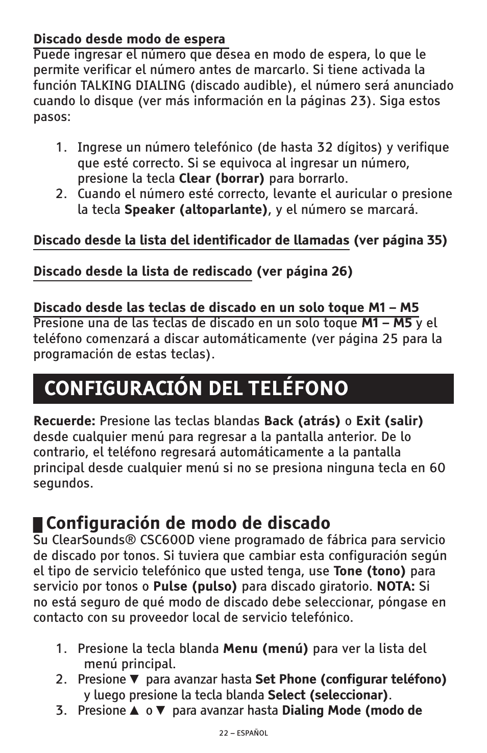 Configuración del teléfono, Configuración de modo de discado | ClearSounds AMPLIFIED FREEDOM PHONE CSC600D User Manual | Page 68 / 138