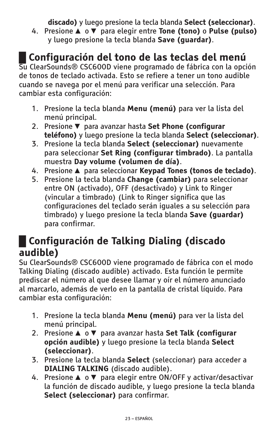 Configuración del tono de las teclas del menú, Configuración de talking dialing (discado audible) | ClearSounds AMPLIFIED FREEDOM PHONE CSC600D User Manual | Page 69 / 138