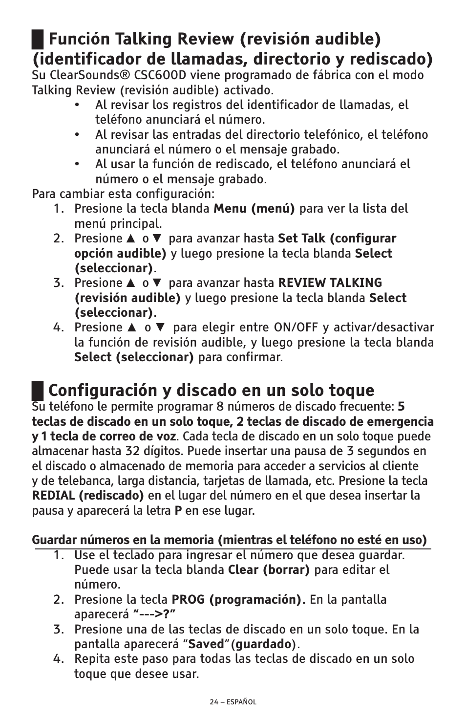 Configuración y discado en un solo toque | ClearSounds AMPLIFIED FREEDOM PHONE CSC600D User Manual | Page 70 / 138