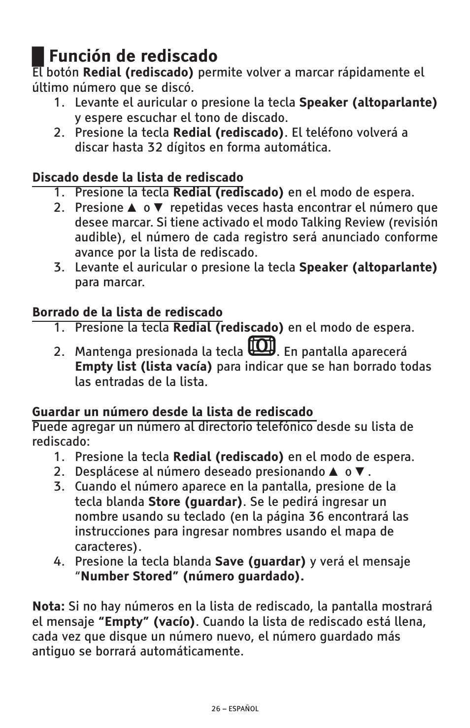 Función de rediscado | ClearSounds AMPLIFIED FREEDOM PHONE CSC600D User Manual | Page 72 / 138