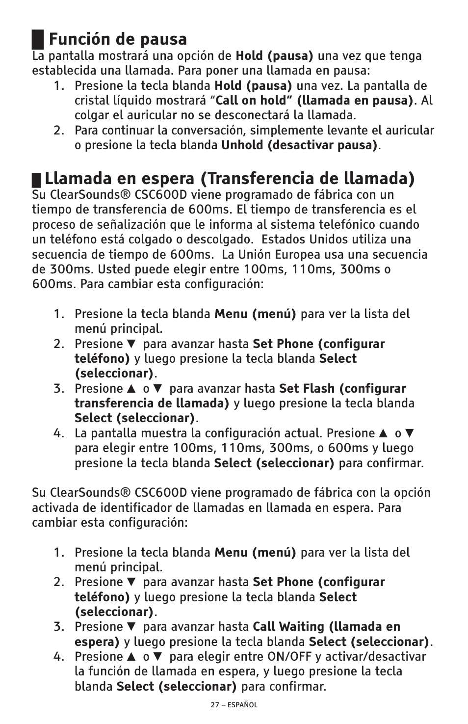 Función de pausa, Llamada en espera (transferencia de llamada) | ClearSounds AMPLIFIED FREEDOM PHONE CSC600D User Manual | Page 73 / 138