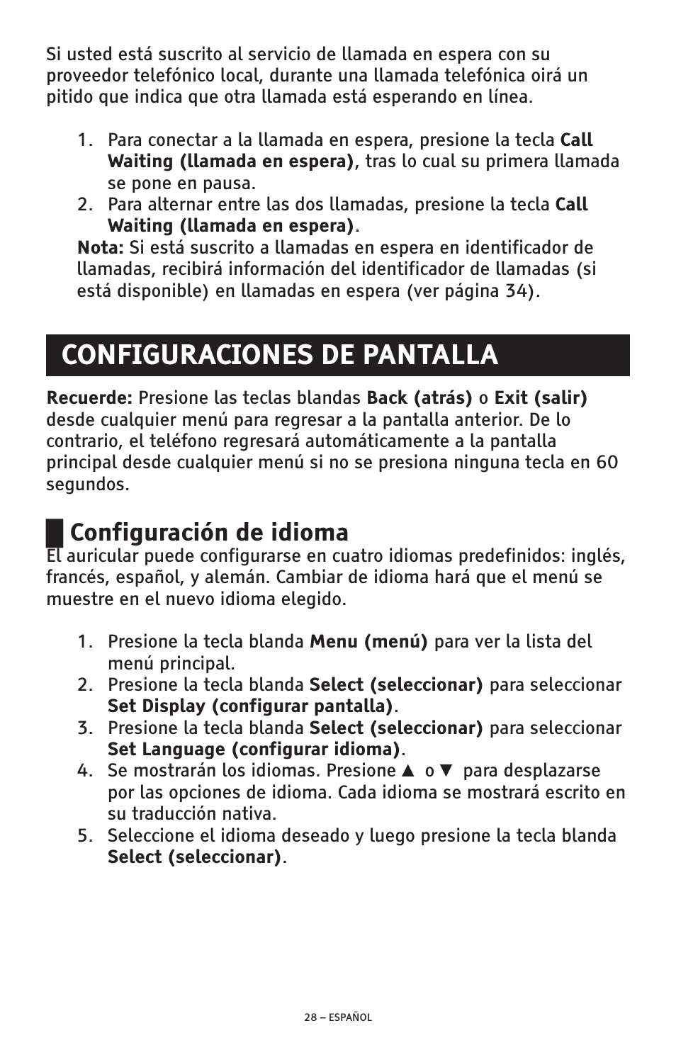 Configuraciones de pantalla, Configuración de idioma | ClearSounds AMPLIFIED FREEDOM PHONE CSC600D User Manual | Page 74 / 138