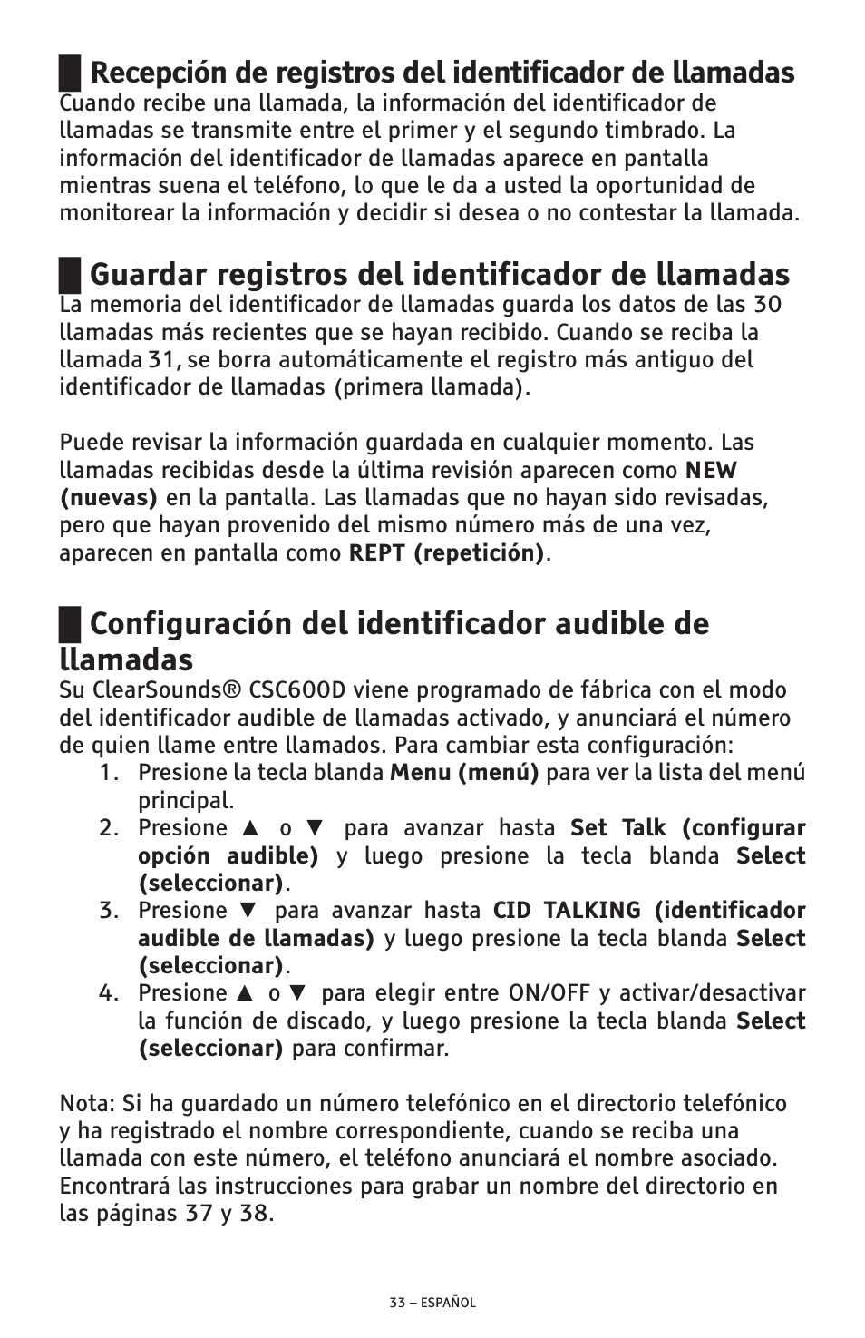 Guardar registros del identificador de llamadas | ClearSounds AMPLIFIED FREEDOM PHONE CSC600D User Manual | Page 79 / 138