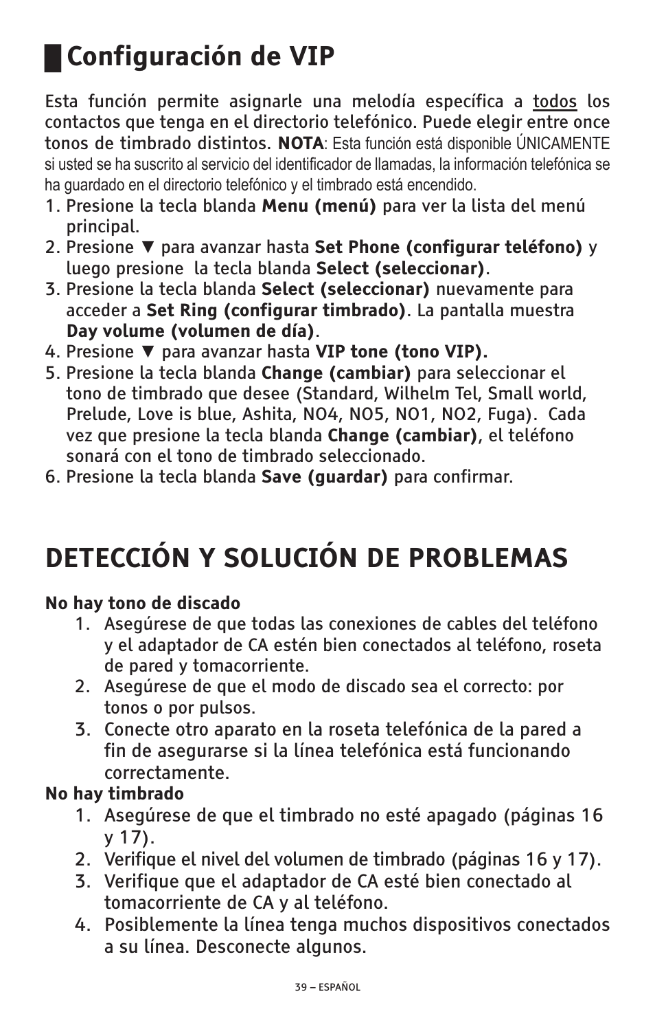 Configuración de vip, Detección y solución de problemas | ClearSounds AMPLIFIED FREEDOM PHONE CSC600D User Manual | Page 85 / 138