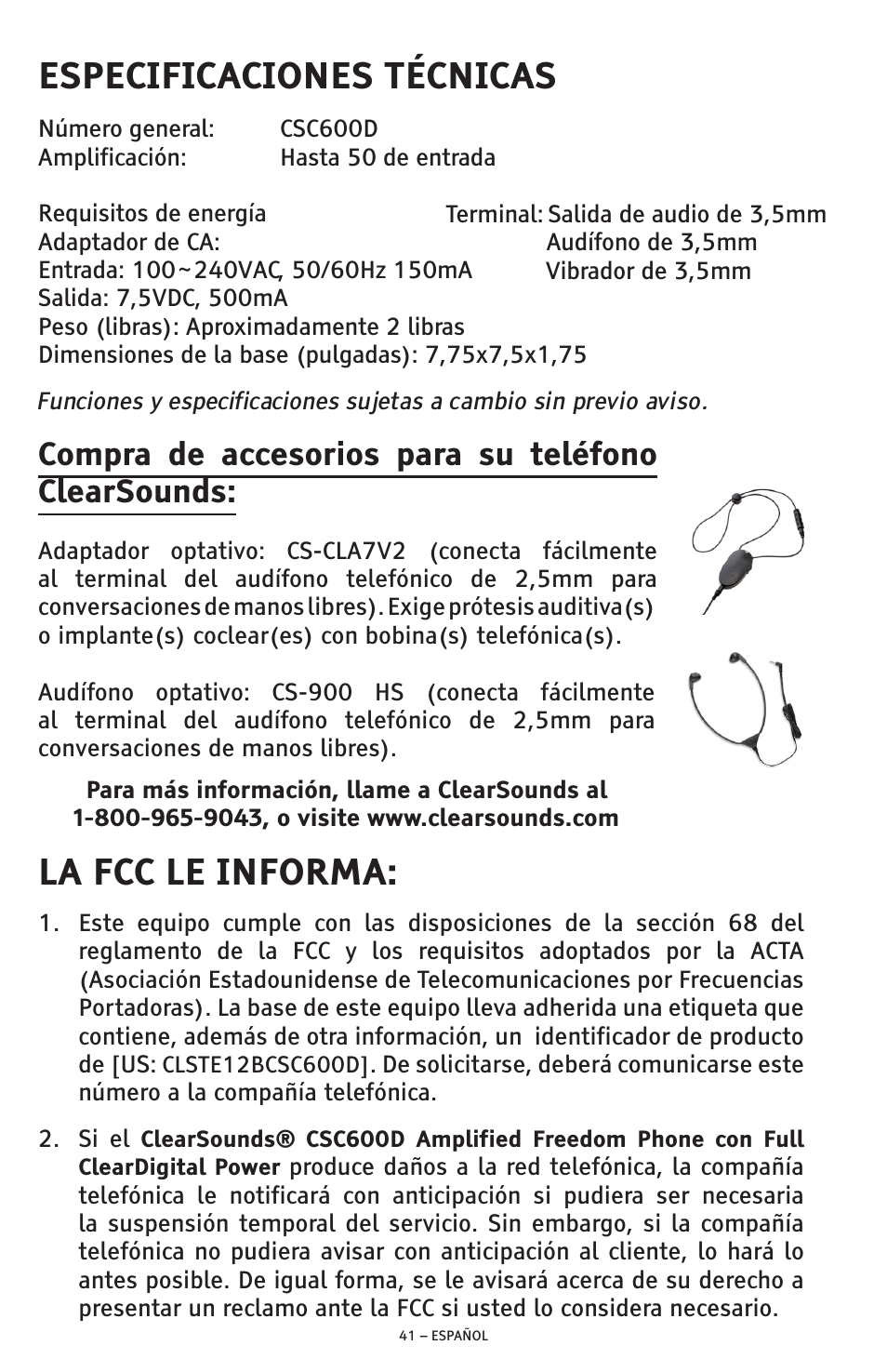 Especificaciones técnicas, La fcc le informa, Compra de accesorios para su teléfono clearsounds | ClearSounds AMPLIFIED FREEDOM PHONE CSC600D User Manual | Page 87 / 138