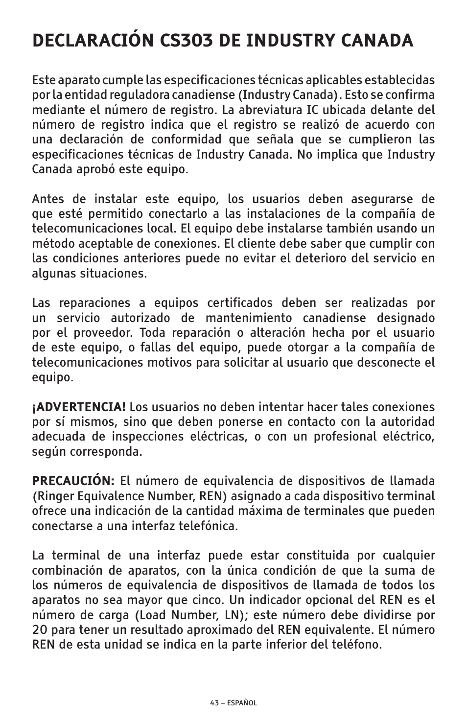 Declaración cs303 de industry canada | ClearSounds AMPLIFIED FREEDOM PHONE CSC600D User Manual | Page 89 / 138