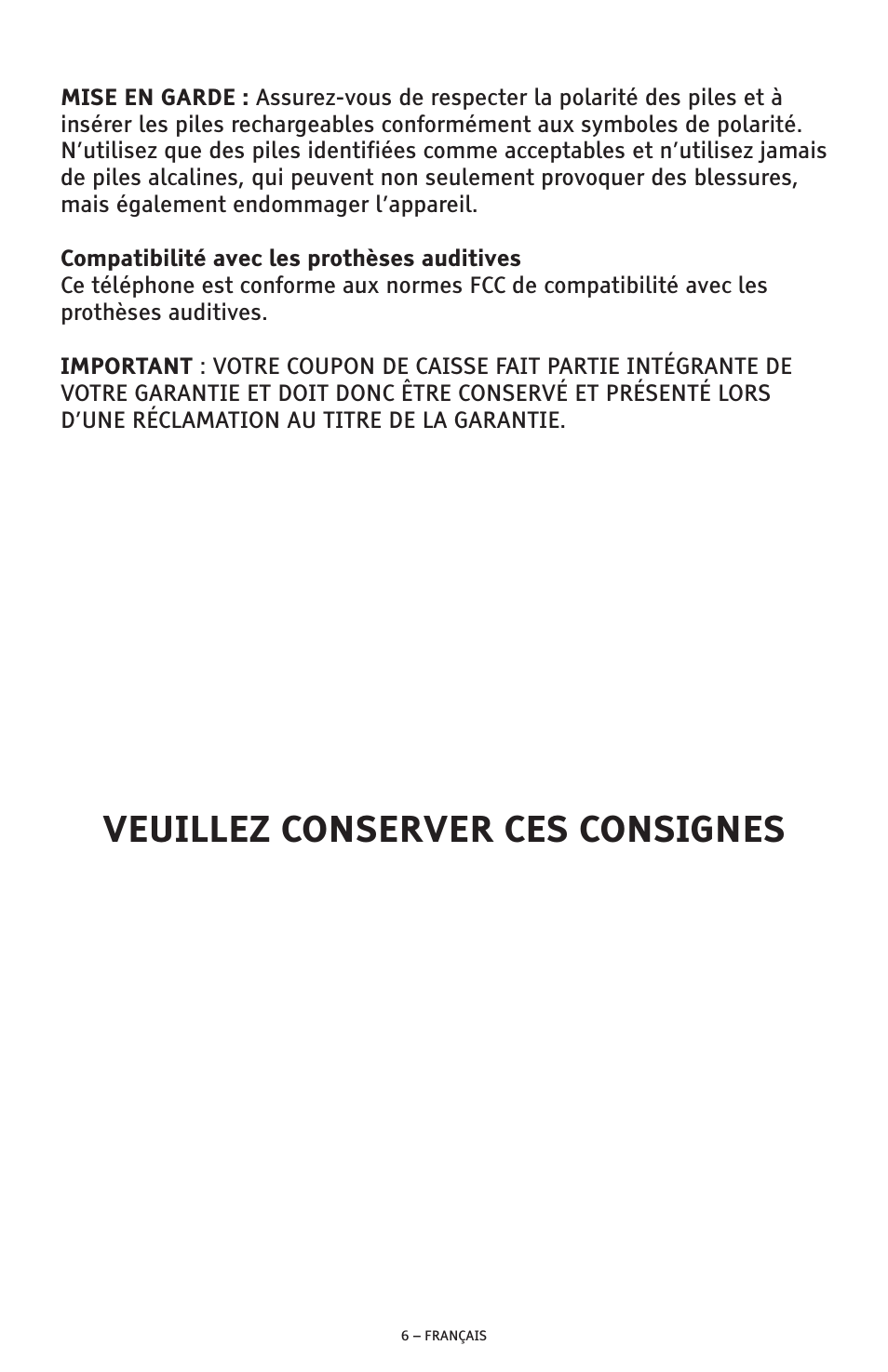 Veuillez conserver ces consignes | ClearSounds AMPLIFIED FREEDOM PHONE CSC600D User Manual | Page 98 / 138