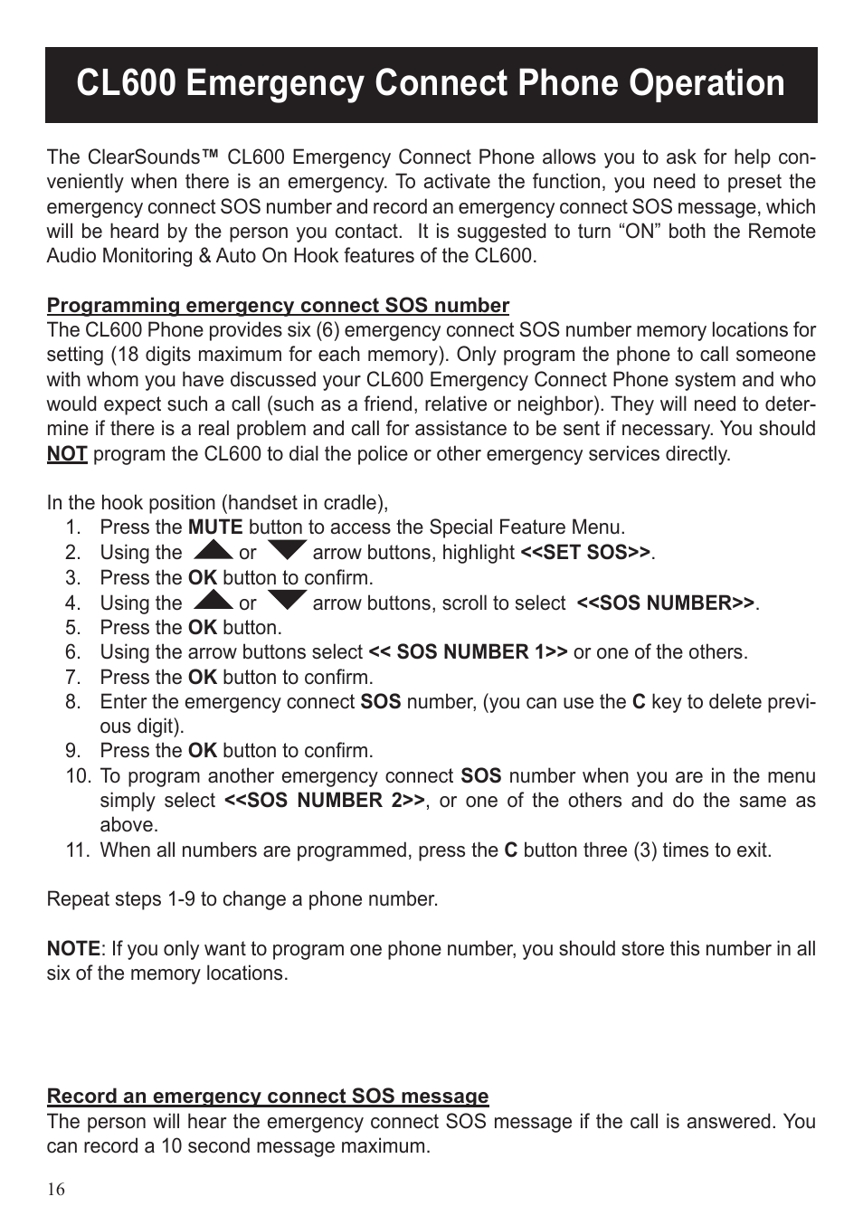 Cl600 emergency connect phone operation | ClearSounds CL600 User Manual | Page 16 / 41