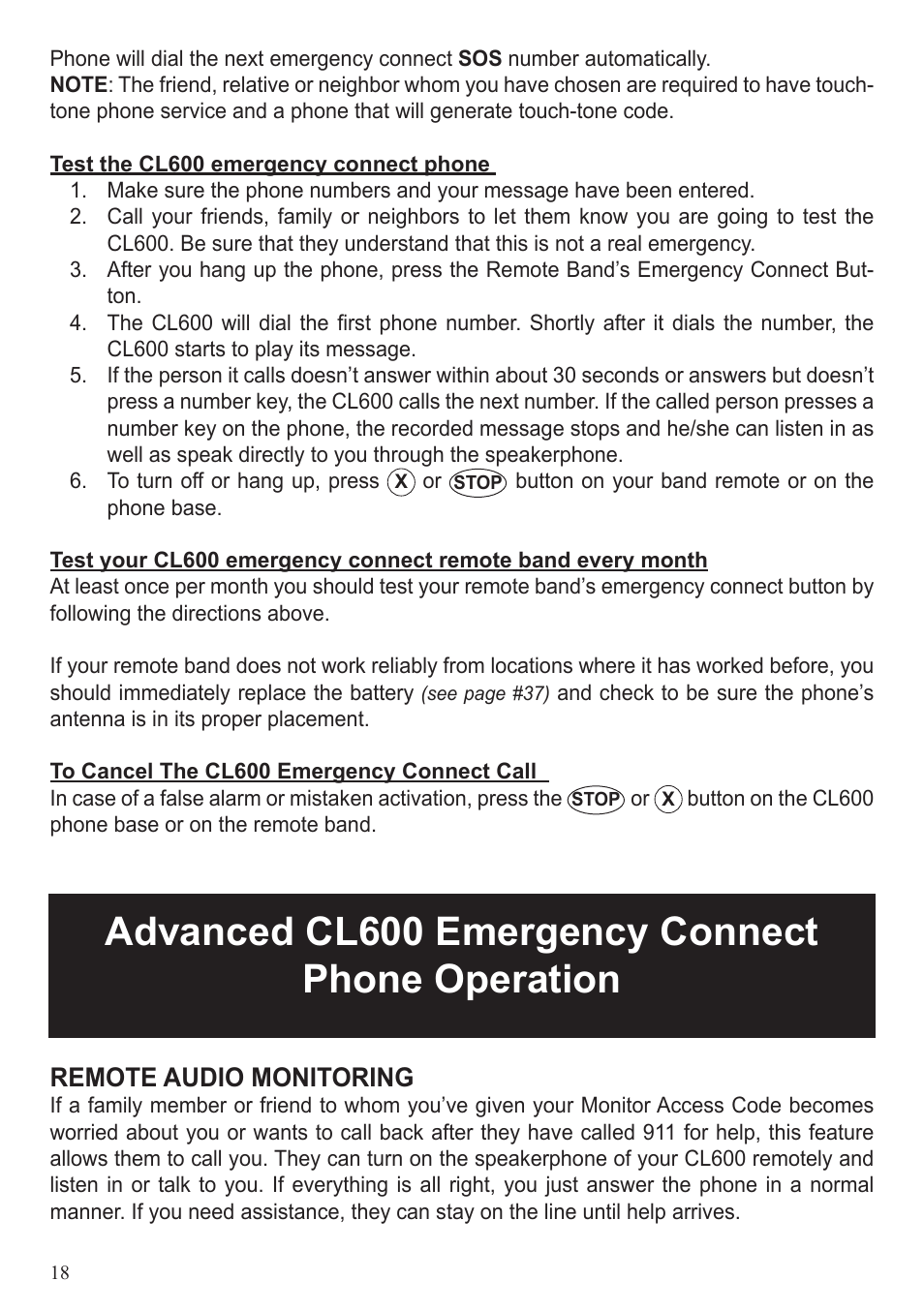 Advanced cl600 emergency connect phone operation, Remote audio monitoring | ClearSounds CL600 User Manual | Page 18 / 41