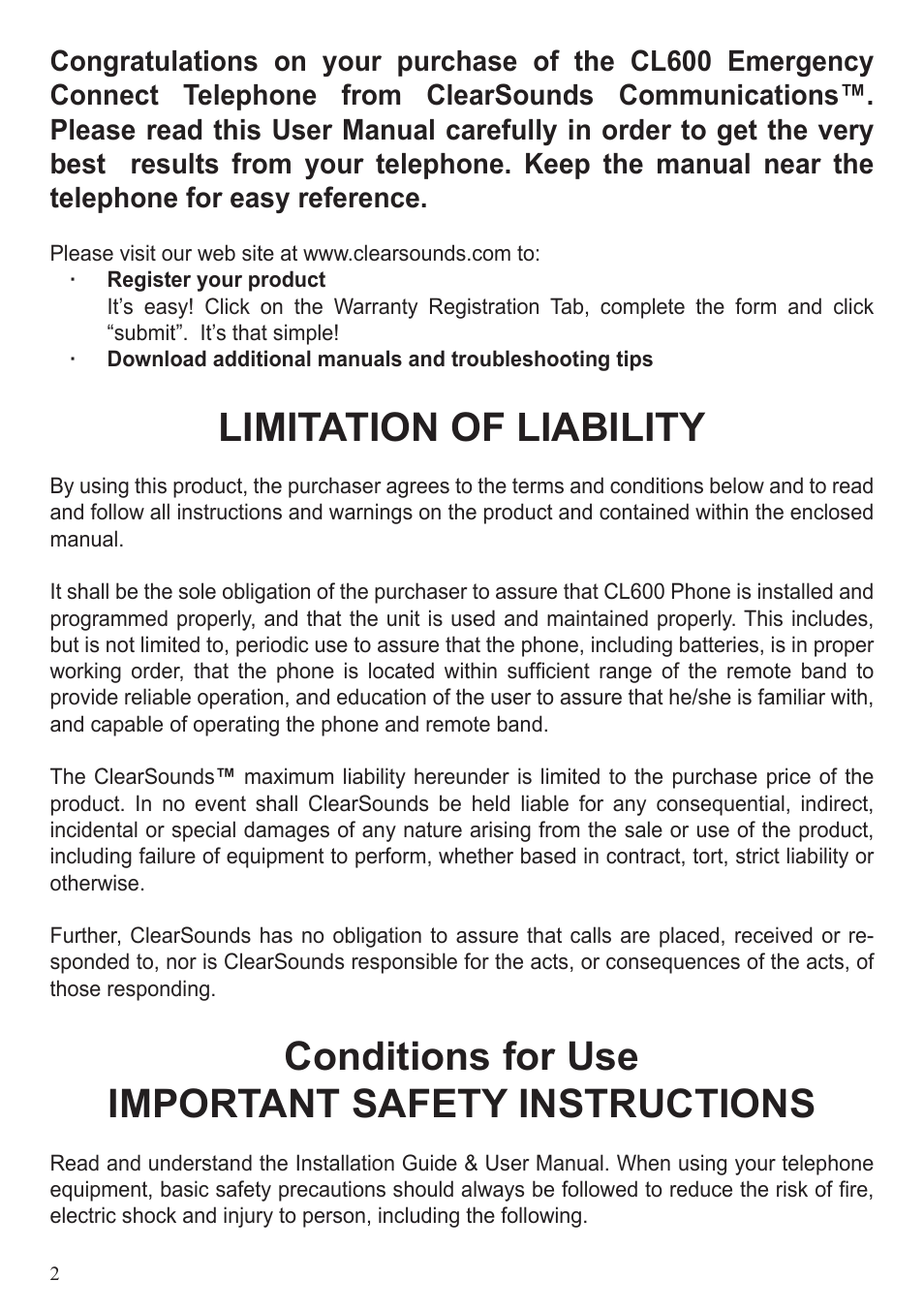 Limitation of liability, Conditions for use important safety instructions | ClearSounds CL600 User Manual | Page 2 / 41