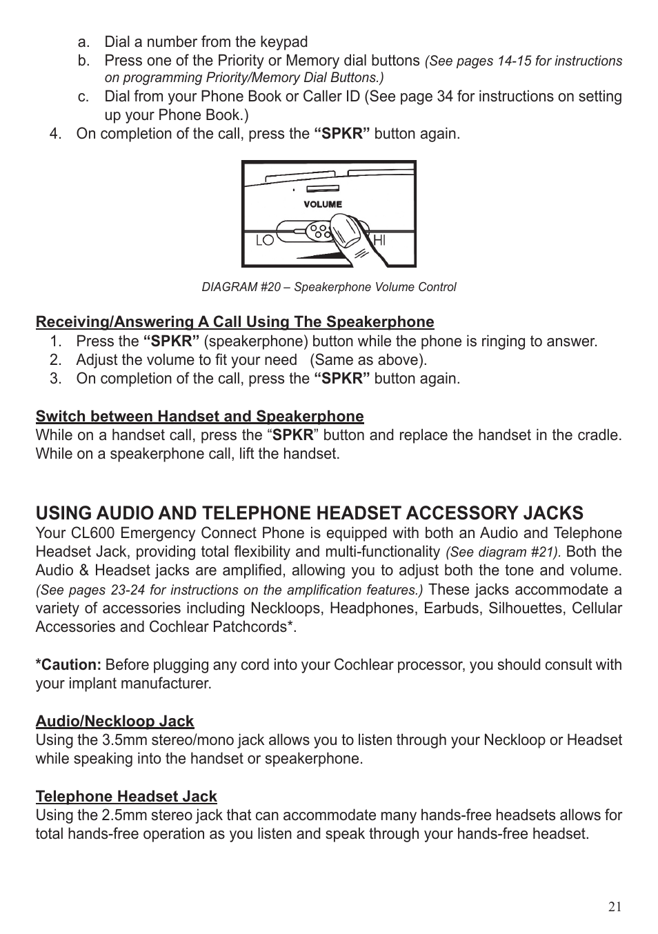 Using audio and telephone headset accessory jacks | ClearSounds CL600 User Manual | Page 21 / 41