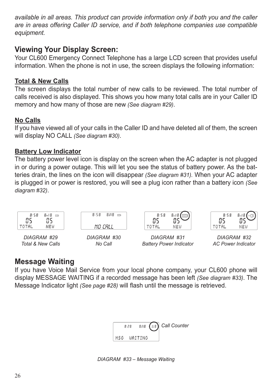 Viewing your display screen, Message waiting | ClearSounds CL600 User Manual | Page 26 / 41