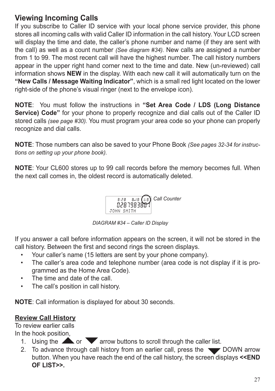 Viewing incoming calls | ClearSounds CL600 User Manual | Page 27 / 41