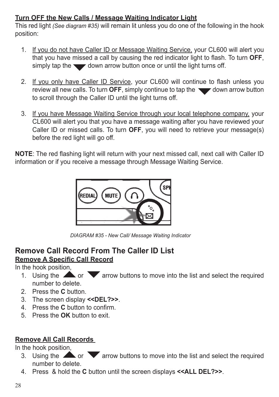 Remove call record from the caller id list | ClearSounds CL600 User Manual | Page 28 / 41