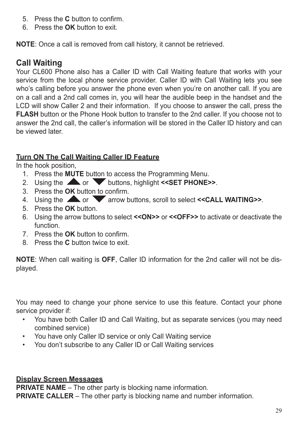 Call waiting | ClearSounds CL600 User Manual | Page 29 / 41