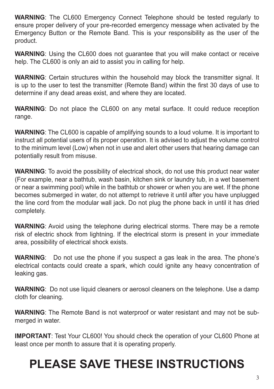 Please save these instructions | ClearSounds CL600 User Manual | Page 3 / 41
